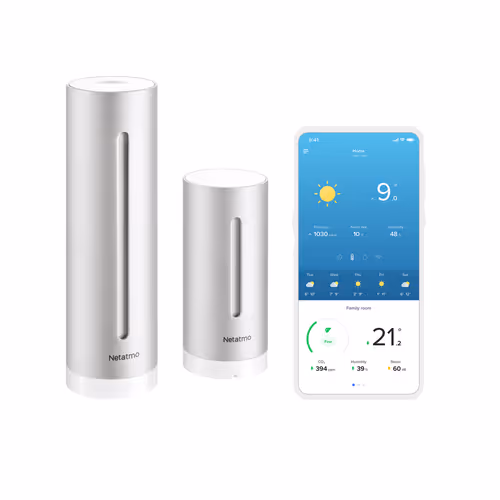 Smartphone-App zeigt Echtzeit-Daten der Wetterstation mit Diagrammen und Wettervorhersage